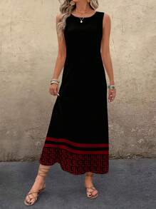 SHEIN LUNE Casual Retro Pattern Round Neck Women Tank Dress, Suitable For Summer - Multicolor - View 5