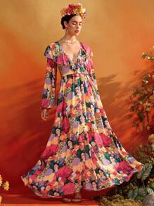 Redefinition Frida Kahlo X SHEIN X Designer 花卉图案 V 领荷叶边泡泡袖长袖纽扣 A 字形飘逸长裙夏季度假 - 彩色 - 查看 7