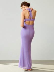 Chiquease Women's Summer Elegant Vacation Seaside Romantic Chest Pleated Tube Top Strappy Swing Collar 2 In 1 Purple Knitted Mesh Slim Fishtail Hip Dress - Purple - View 2