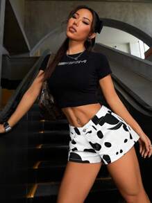 Jeanoix 复古美式奶牛图案低腰女士修身牛仔短裤