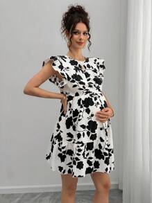 Momance Vestido de maternidad con cuello redondo, mangas con volantes, multicapa y parche floral de estilo ditsy - Blanco y Negro - Ver 4