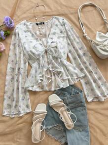 Soleia 女式 V 领花卉印花喇叭袖衬衫，带荷叶边下摆，适合春夏季度假、音乐节、波西米亚风、约会和下午茶 - 藍色 - 查看 4