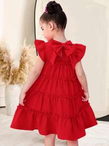 SHEIN Kleine Mädchen Kleid mit einfarbigem Rüschenbesatz, figurbetonter Schnitt, Rundhalsausschnitt - Rot - Übersicht 2
