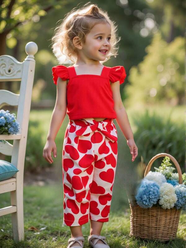 SHEIN Baby Girl Cute Summer Valentine's Day Red Sleeveless Top With Heart Pattern & Long Pants Set