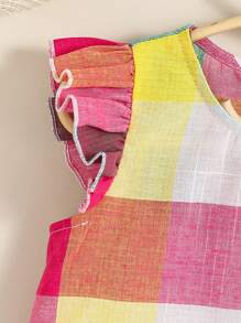 Young Girl Woven Plaid Ruffled Collar Casual Blouse - Multicolor - View 4