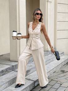 SHEIN Frenchy Women's Solid V-Neck Sleeveless Single-Breasted Metallic Buckle Casual Top And Pants 2 Pieces Set, Neckline Pleated Design,Metal Button  Sleeveless Top And Pants Two-Piece Set,Imple Fashion Elegant Office,Business For Commuting,Linen-Like Bamboo Pattern Stretch Fabrics