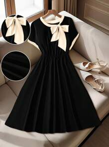 GlowEve CURVE 大码优雅简约蝴蝶结撞色饰边短袖连衣裙 - 黑色 - 查看 1
