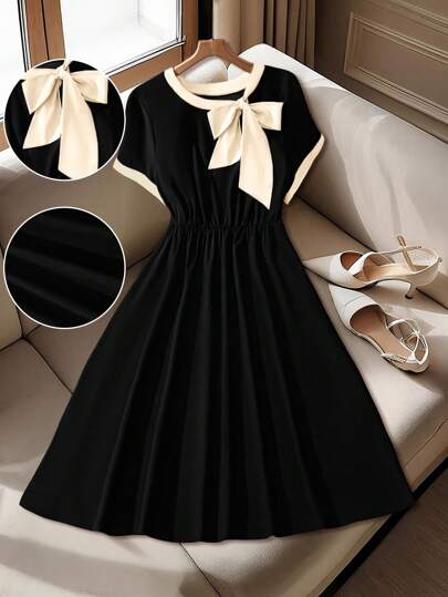 GlowEve CURVE Plus Size Elegant Minimalist Bow Contrast Trim Short Sleeve Dress
