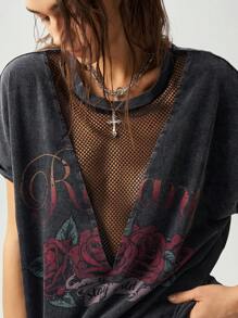 Bohemela 大码女式字母和花卉印花拼布镂空设计蝙蝠袖 T 恤，夏季 - 深灰色 - 查看 3