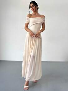 Firerie Élégante robe longue de mode nouvelle, coupe formelle romantique. Col asymétrique avec broderie, drapé en maille et silhouette près du corps abricot. Convient pour le bal, la fête, les vacances, les invités de mariage - Nude - Voir 5