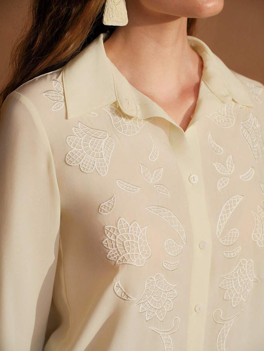MOTF PREMIUM EMBROIDERY FLORAL PATTERN SEMI-SHEER SHIRT - Apricot - View 2