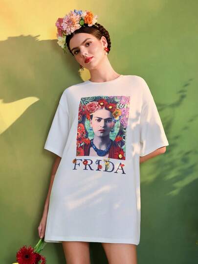 Frida Kahlo X SHEIN X Designer TIYA Cotton Blended Jersey Printed Drop Shoulder Oversize Short Tee Dress