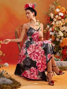 Frida Kahlo X SHEIN X Designer TIYA Floral Printed Satin Lace Inserts Asymmetric Hem Midi Dress Women Summer Dress Vacation Outfits