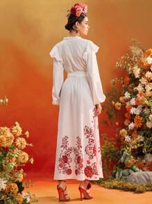 Oxana Frida Kahlo X SHEIN X Designer فستان أنيق طويل للسيدات بخصر واسع، طبعات بيضاء، أكمام منتفخة، ياقة لفافة - متعدد الألوان - مشاهدة 2