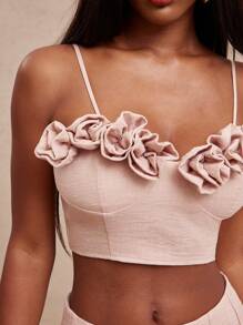 SHEIN Unity Top Camisol Flower Rose Detail Sleeveless Linen Casual Everyday Going Out Vacation Summer Music Festival Thanksgiving Christmas NYE New Years Eve Outfits For Women - Pink - View 5