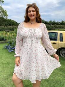 SHEIN EZwear Plus Size Front Drawstring Long Sleeve Woven Fitted Dress For Autumn/Winter - White - View 3