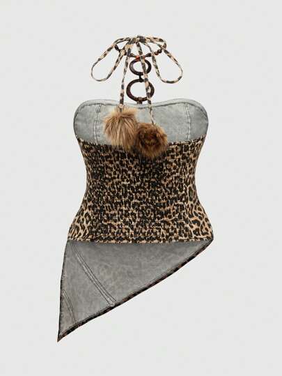 Plus Size Y2K Madonna & Leopard Print Distressed Asymmetrical Hem Vintage Denim Top