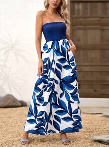 SHEIN Clasi 女士热带植物印花露肩夏季沙滩裙 - 藍白色 - 查看 6