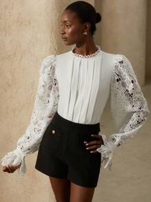 Aveloria Rosie Elegant Feminine Chic French Style Romantic Date Fancy Lace Patchwork Ruffled Round Neck Women's Shirt, Luxurious Premium Design, Puff Sleeve Fall Cloth For Women - White - View 1