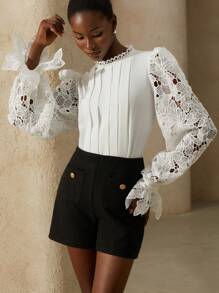 Aveloria Rosie Elegant Feminine Chic French Style Romantic Date Fancy Lace Patchwork Ruffled Round Neck Women's Shirt, Luxurious Premium Design, Puff Sleeve Fall Cloth For Women - White - View 3