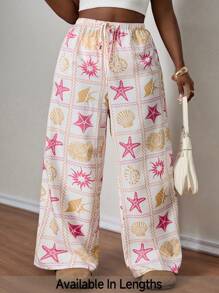 SHEIN PETITE CURVE Pantalones rectos casuales con estampado de vida marina para mujer de talla grande, ropa de mujer, ropa de verano, pantalones de playa para mujer, ropa de verano, adecuado para personas de estatura talla grande baja - Multicolor - Ver 7