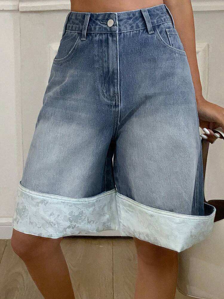 Women's Loose Straight Mid-Thigh Western Cowboy Print Patchwork Denim Shorts, Casual Summer Jorts