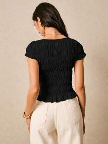 Poéselle Women's Casual Solid Color Slim Fit Short Sleeve Top, Summer - Black - View 2