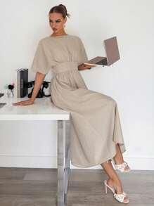 Siren Gaze 女式夏季休闲蝙蝠袖露背系腰中长连衣裙 - 杏色 - 查看 3