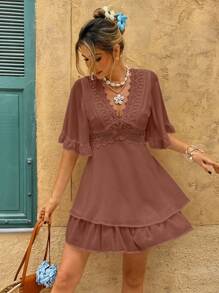 SHEIN Frenchy Women's Vacation Casual Solid Color Lace Patchwork Ruffle Hem Short Dress Summer Brown - Brown - View 8