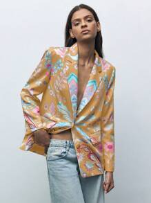 Maija Digital Print Yellow Single-Breasted Ladies' Jacket, Casual Business Blazer For Women, Suitable For Vacation & Leisure In Fall/Winter - Multicolor - View 2