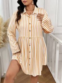 SHEIN Frenchy Plus Size Women's Autumn Long-Sleeved Dress, Casual And Home, Versatile, Comfortable, Shirt-Style Button-Down, Striped Print Long-Sleeved Dress - Yellow - View 5