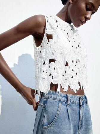 Maija Elegantes wasserlösliches florales Spitzen A-Linien Trägertop als lässige Cover-Up, geeignet für Frühling Sommer Urlaubsoutfit, Sommerkleidung für Damen, Unabhängigkeitstag, St. Johannistag