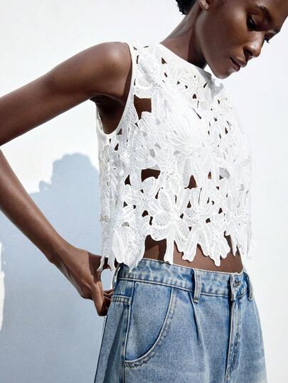 Maija Elegant Water-Soluble Floral Lace Tank Top Casual Cover Up, Suitable For Spring Summer Holiday Beach, Summer Wear For Women, Independence Day, St. John's Day Vacation Woman Beach Vacation,Birthday,Club,Teacher Crochet Top Women White Crop Top Lace Crop Top Summer Crop Tops Eyelet Top