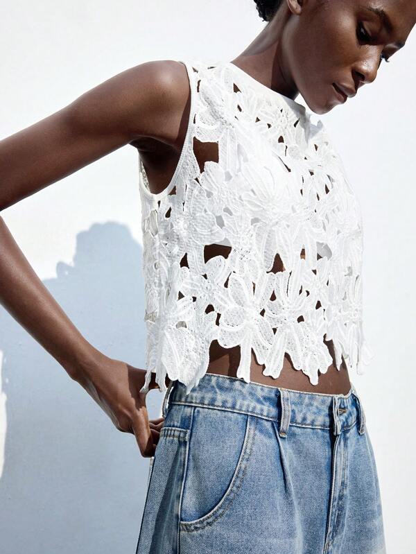 Maija Top de tirantes con encaje floral hidrosoluble tipo línea A, elegante como prenda de cubrirse, apropiado para primavera, verano, vacaciones, playa, uso de verano para mujeres, Día de la Independencia, Día de San Juan