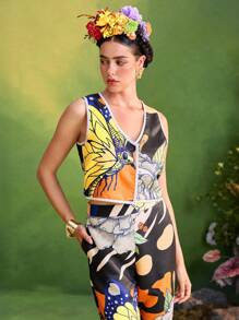 ISELACOS Frida Kahlo X SHEIN X Designer 全印花无袖撞色边背心夹克，带刺绣蕾丝贴片 - 彩色 - 查看 1