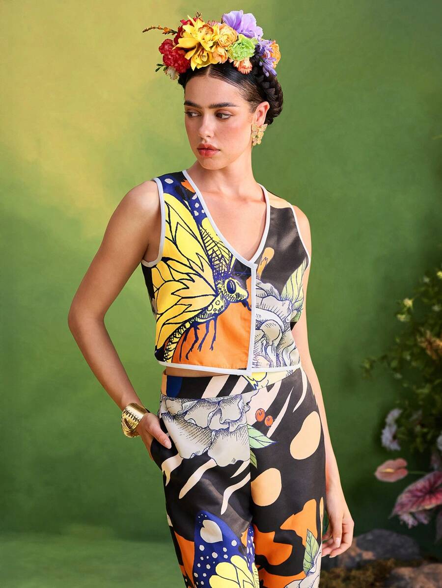 ISELACOS Frida Kahlo X SHEIN X Designer 全印花无袖撞色边背心夹克，带刺绣蕾丝贴片 - 彩色 - 查看 1