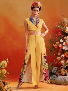 Israel Jasso Frida Kahlo X SHEIN X Designer 黄色花卉印花翻领丝带短款上衣女款夏季度假 - 彩色 - 查看 4