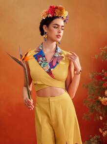 Israel Jasso Frida Kahlo X SHEIN X Designer 黄色花卉印花翻领丝带短款上衣女款夏季度假 - 彩色 - 查看 6