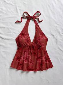 Soleia 女式休闲度假V领蝴蝶结露背上衣，夏季