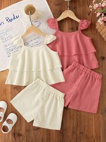 Set de 2 piezas de atuendo de verano para niña joven, blusa con mangas cortas y volantes, y shorts rectos de pierna, conjunto de verano casual y elegante