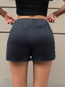 SHEIN EZwear Short en jean décontracté, ample et polyvalent pour femmes avec cordon de serrage à la taille et ourlet à volants