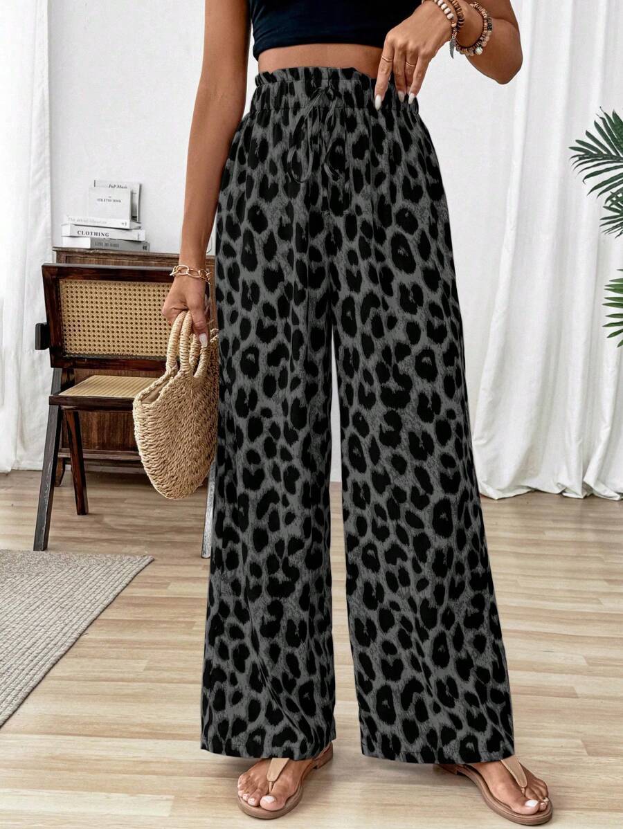 EMERY ROSE Leopard Print Paper Bag Waist Casual Wide Leg Pants Fall Cloth For Women - Grey - View 1