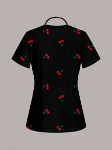 SHEIN Essnce Cherry Pattern Casual Women /Nursing Scrub Uniform Top, Suitable For Summer