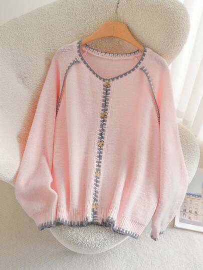 CosyJoli Suéter holgado de punto con contraste de color y borde de dientes de perro, estilo minimalista y casual para oficina y transporte, talla grande, para otoño/invierno