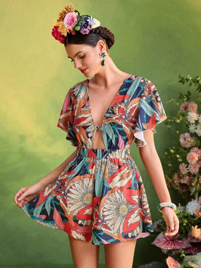 Oxana Frida Kahlo X SHEIN X Designer Floral Print V Neck Cut Out Flared Short Sleeves Jumpsuit For Women Romper Summer Vacation
