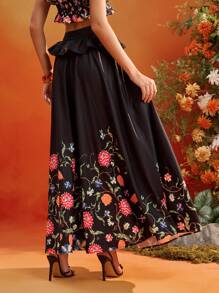 Frida Kahlo X SHEIN X Designer Oxana Black Floral Print Ruffle Waist Flowy A-Line Elegant Skirt For Women Holiday Summer