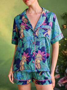 TIYA Frida Kahlo X SHEIN X Designer Summer Tropical Printed Satin Piping Casual Short Sleeve Button Up Top & Shorts Sets - Multicolor - View 5