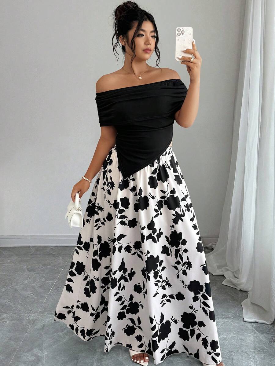 Elenzga Plus Size Women's Off Shoulder Asymmetrical Hem Top & Floral Print Skirt 2 Pieces Set, For Holiday - Multicolor - View 1