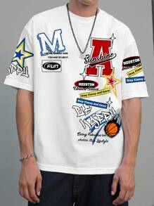 SHEIN Camiseta de manga corta con cuello redondo, estilo casual y clásico de moda urbana para adolescentes, con logo, gráfico de baloncesto y etiqueta, adecuada para el verano