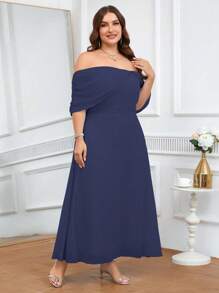 Coutiva فستان أنيق بلون أحادي بدون ظهر وخارج الكتف مقاسات كبيرة - أزرق بحري - مشاهدة 5